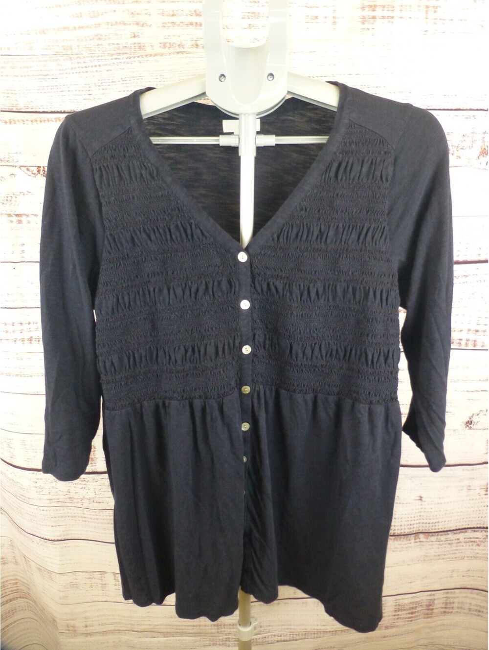 J. Jill Women's Size M Navy Blue Smocked Button Front V-Neck 3/4 Sleeve Top J4A